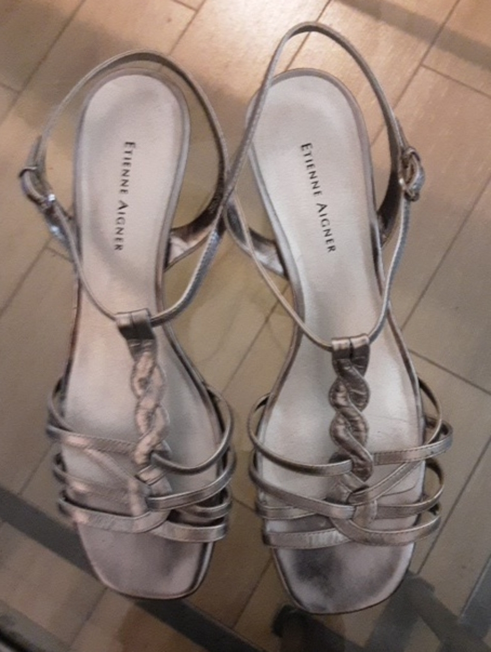 Etienne Aigner Metallic Silver Braided T-Strap Slingback Sandals